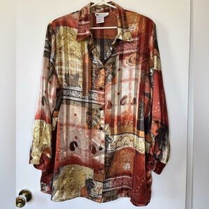 Chagall Vintage Printed Blouse Brown Abstract Button Up Size 16